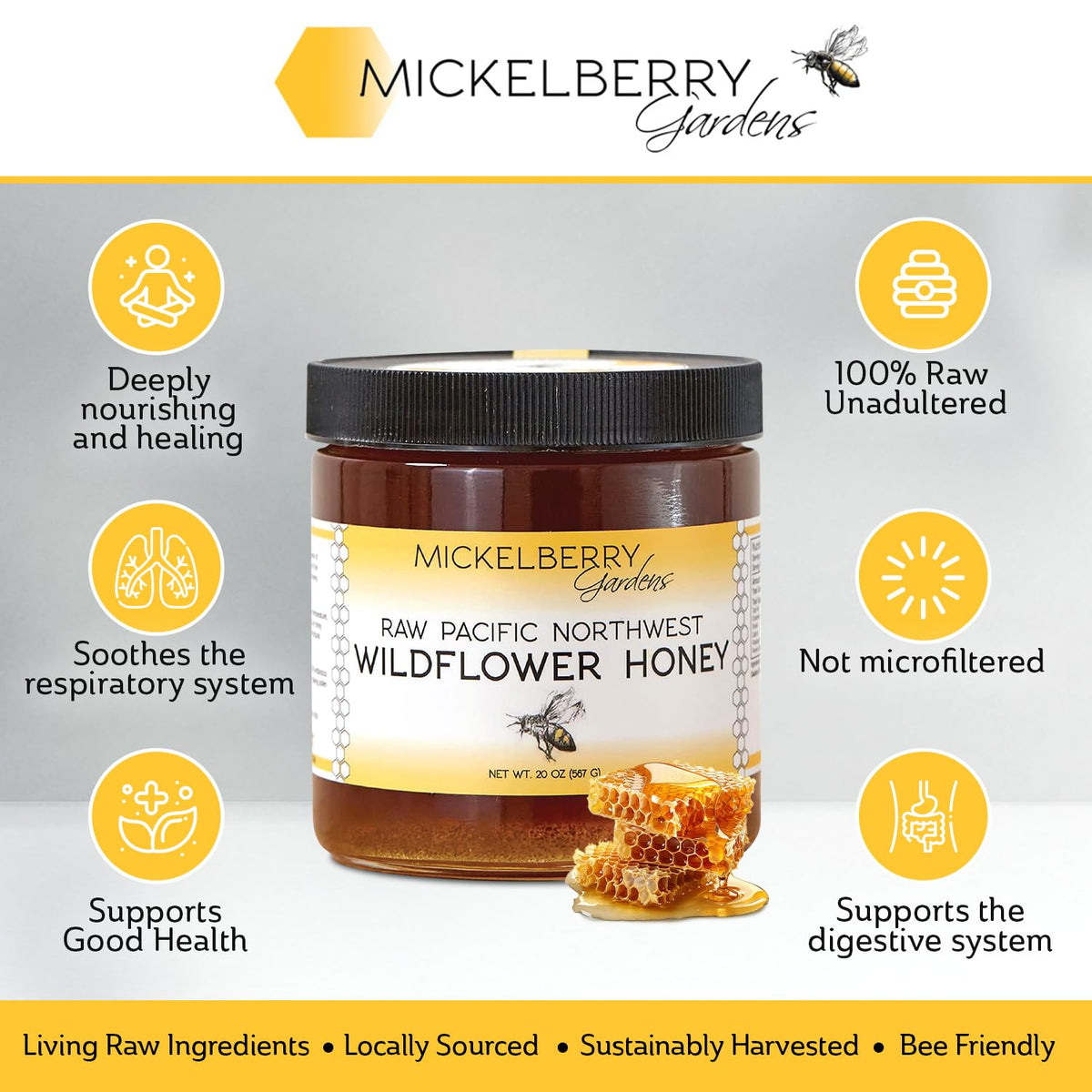 Mickelberry Gardens raw wildflower honey jar closeup highlights natural texture.