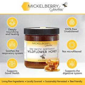 Mickelberry Gardens raw wildflower honey jar closeup highlights natural texture.