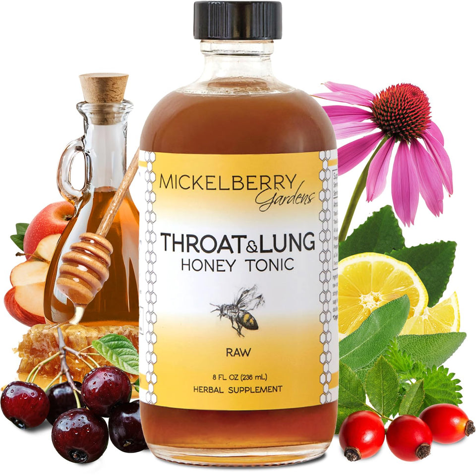 Mickelberry Gardens Throat & Lung Honey Tonic bottle for daily throat support