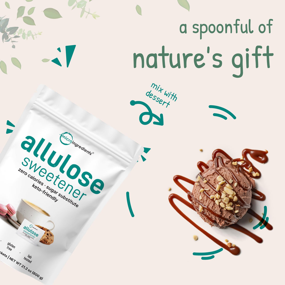 Micro Ingredients allulose packets on kitchen counter indicate convenient flavor boost.