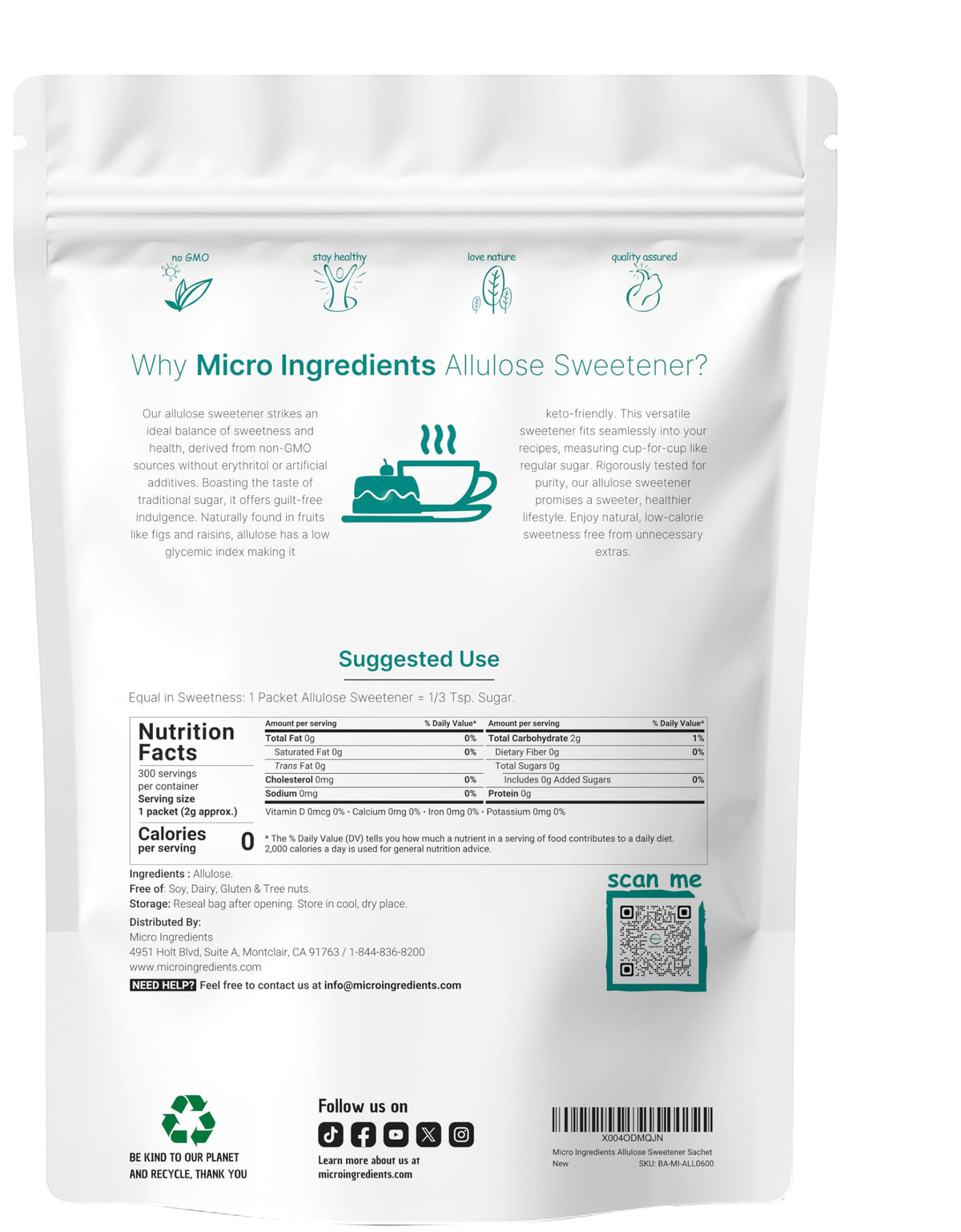 Micro Ingredients allulose packets, table-spoon measure, cup-for-cup sugar substitute.