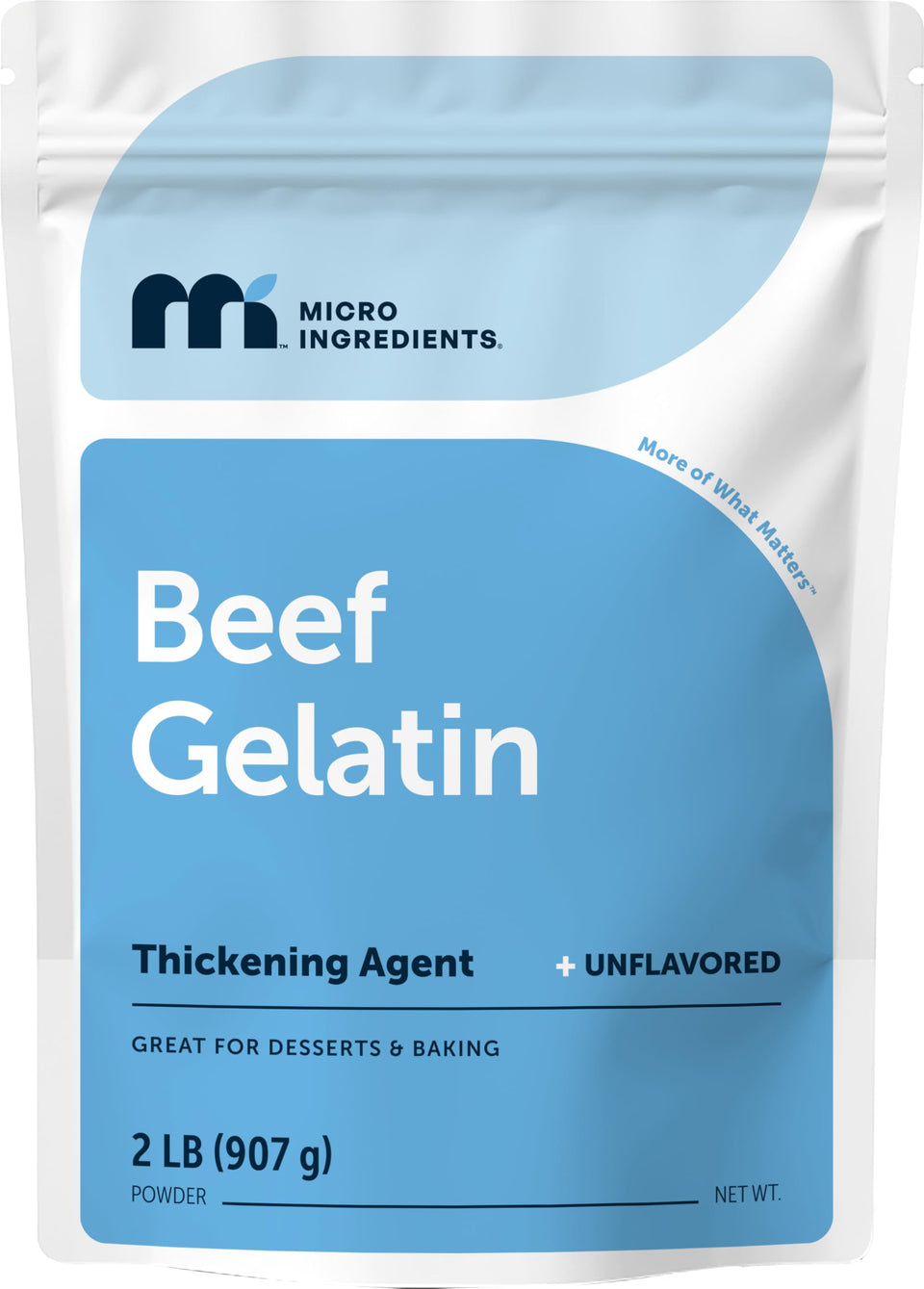 Micro Ingredients beef gelatin powder bag front; premium thickener for cooking and baking.