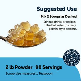 Label on Micro Ingredients beef gelatin powder bag highlights non-GMO and grass-fed sourcing.