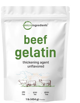 Micro Ingredients beef gelatin powder pouch shows premium grass-fed source for cooking and baking.