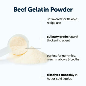 Close-up texture of Micro Ingredients beef gelatin powder shows fine, neutral powder.