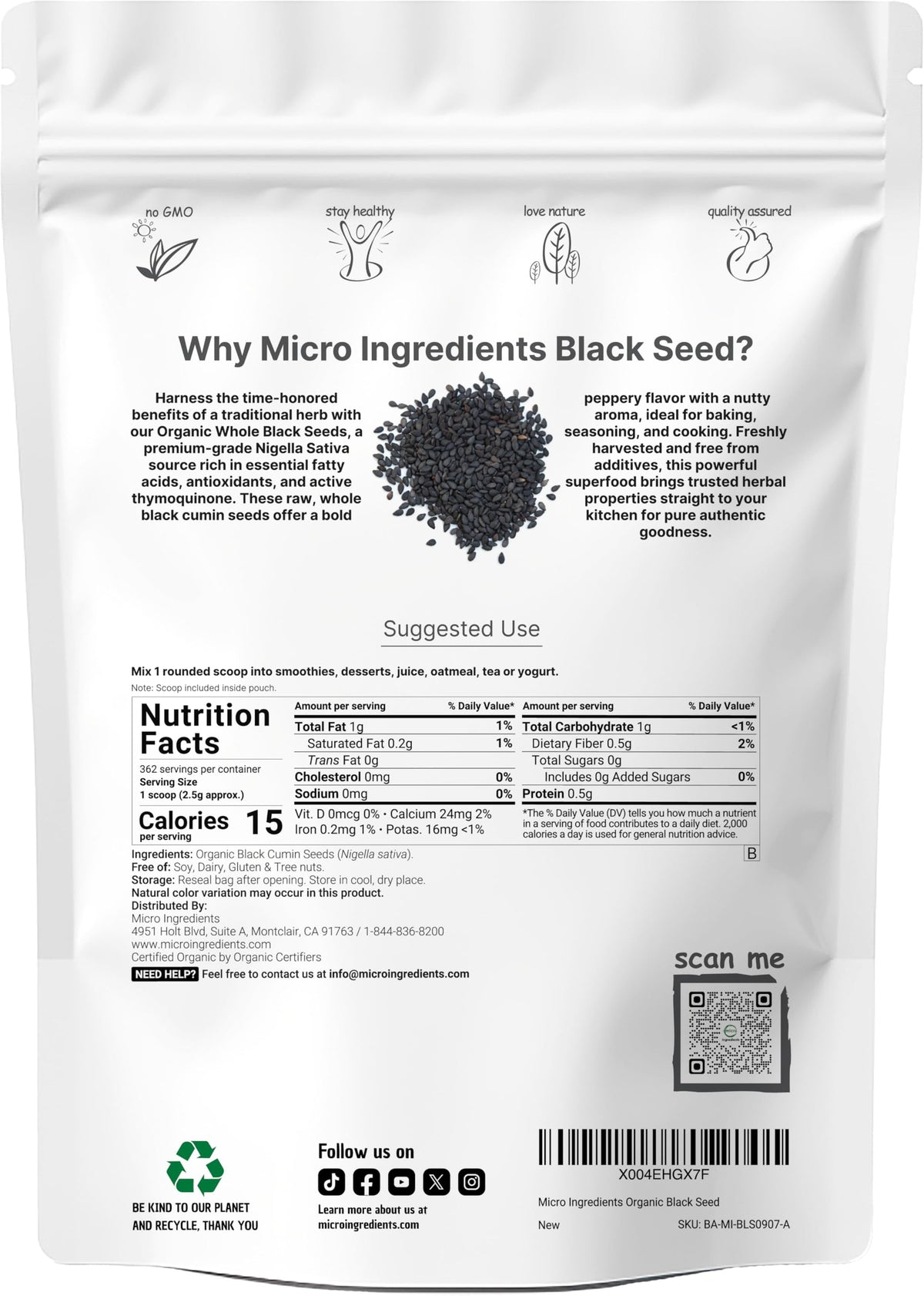 Micro Ingredients additive-free black cumin seeds shown in resealable packaging for easy storage.