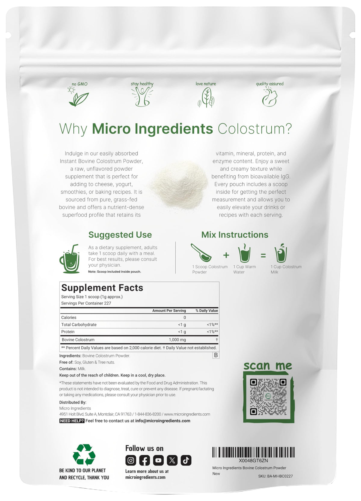 Micro Ingredients bovine colostrum powder scoop included for precise measuring.