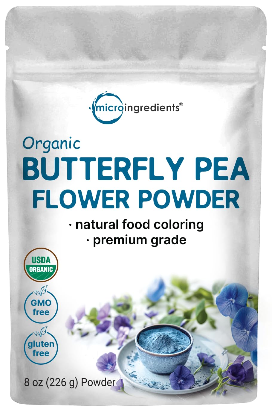 Micro Ingredients butterfly pea flower powder 8oz packaging for premium tea and natural colorant.