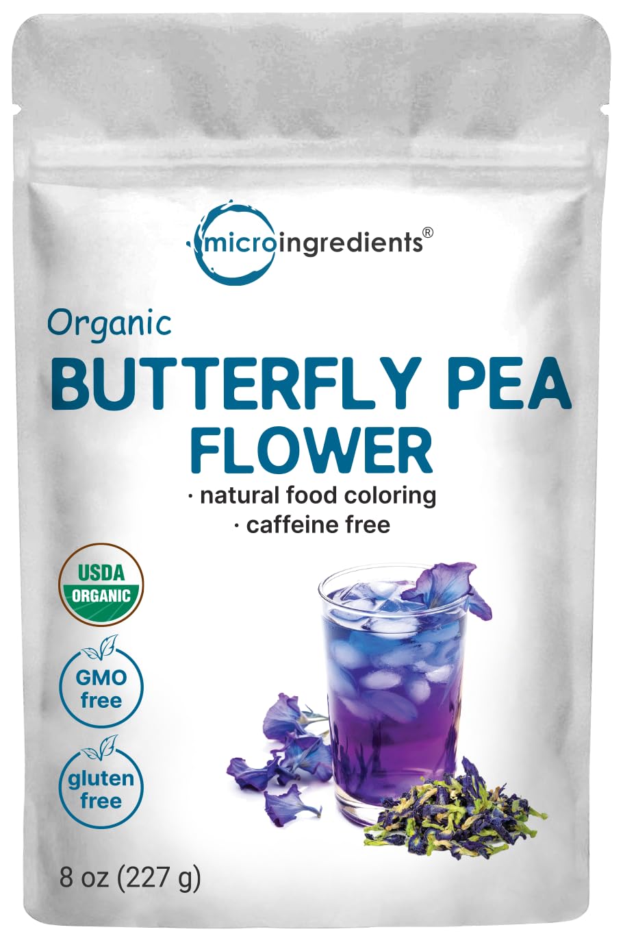 Micro Ingredients butterfly pea tea pack shows eight-ounce pouch for vibrant infusions