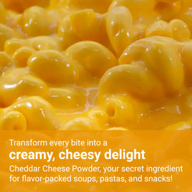 Mac and cheese dish prepared with cheddar cheese powder.