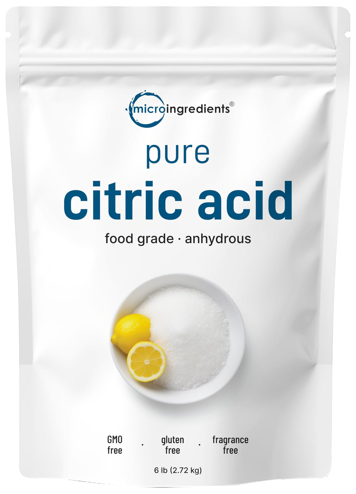 Micro Ingredients citric acid 6lb bulk pack showing fine granules for cooking and cleaning.