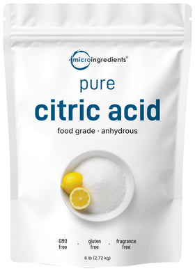 Micro Ingredients citric acid 6lb bulk pack showing fine granules for cooking and cleaning.