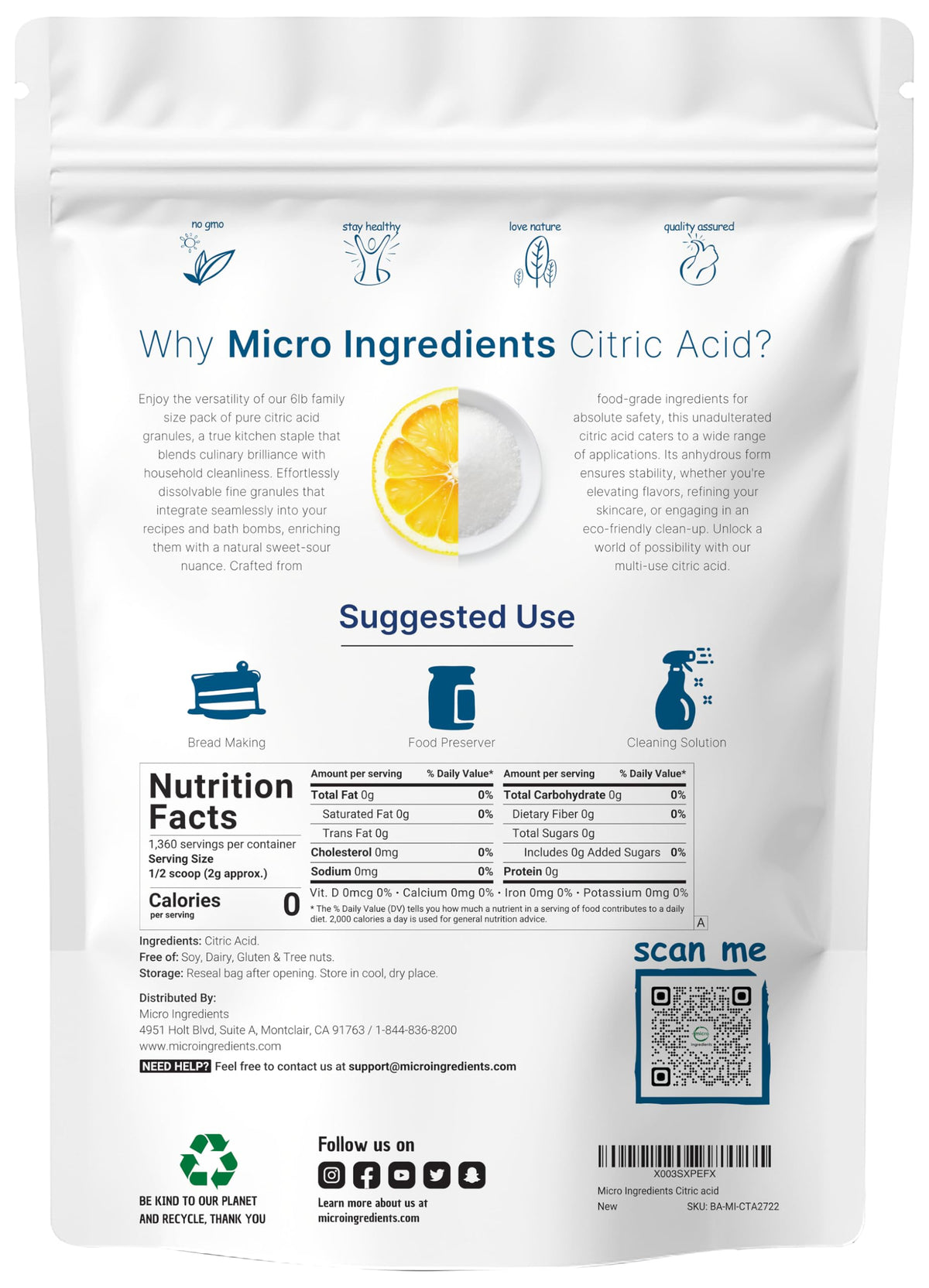 Close-up of Micro Ingredients citric acid fine granules ideal for dissolving in recipes.