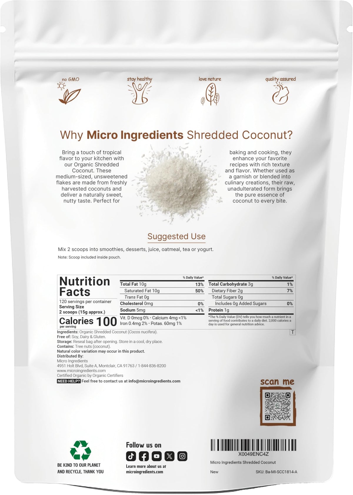 Micro Ingredients Coconut Flakes being poured into a bowl for smoothies