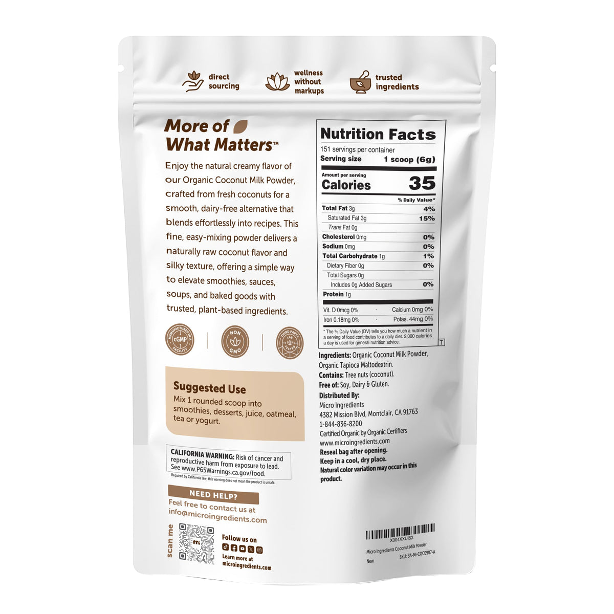 Micro Ingredients nutrition label close-up with non-GMO, gluten-free, keto-friendly claims