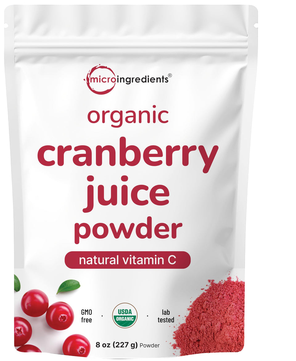 Micro Ingredients cranberry powder in 8oz bottle emphasizes organic US grown source for daily wellness.
