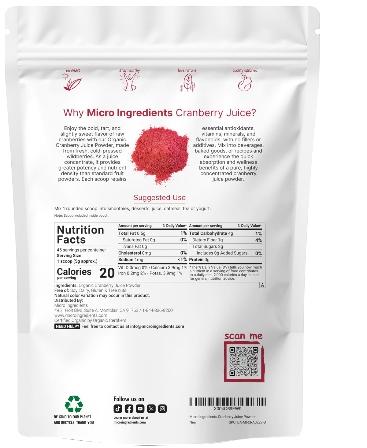Close-up of Micro Ingredients cranberry powder showcases rich color and antioxidant-rich profile.
