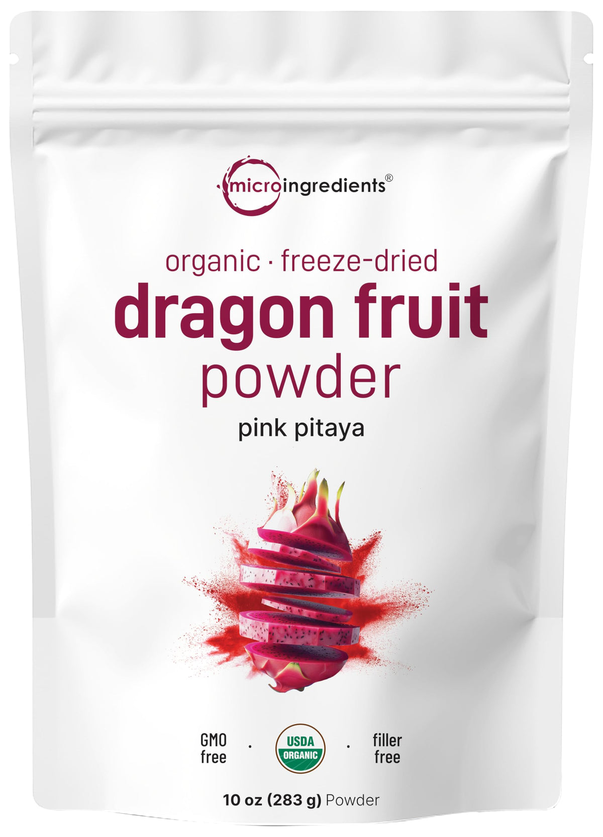 Micro Ingredients Dragon Fruit Powder jar front shows vibrant pink color for beverages