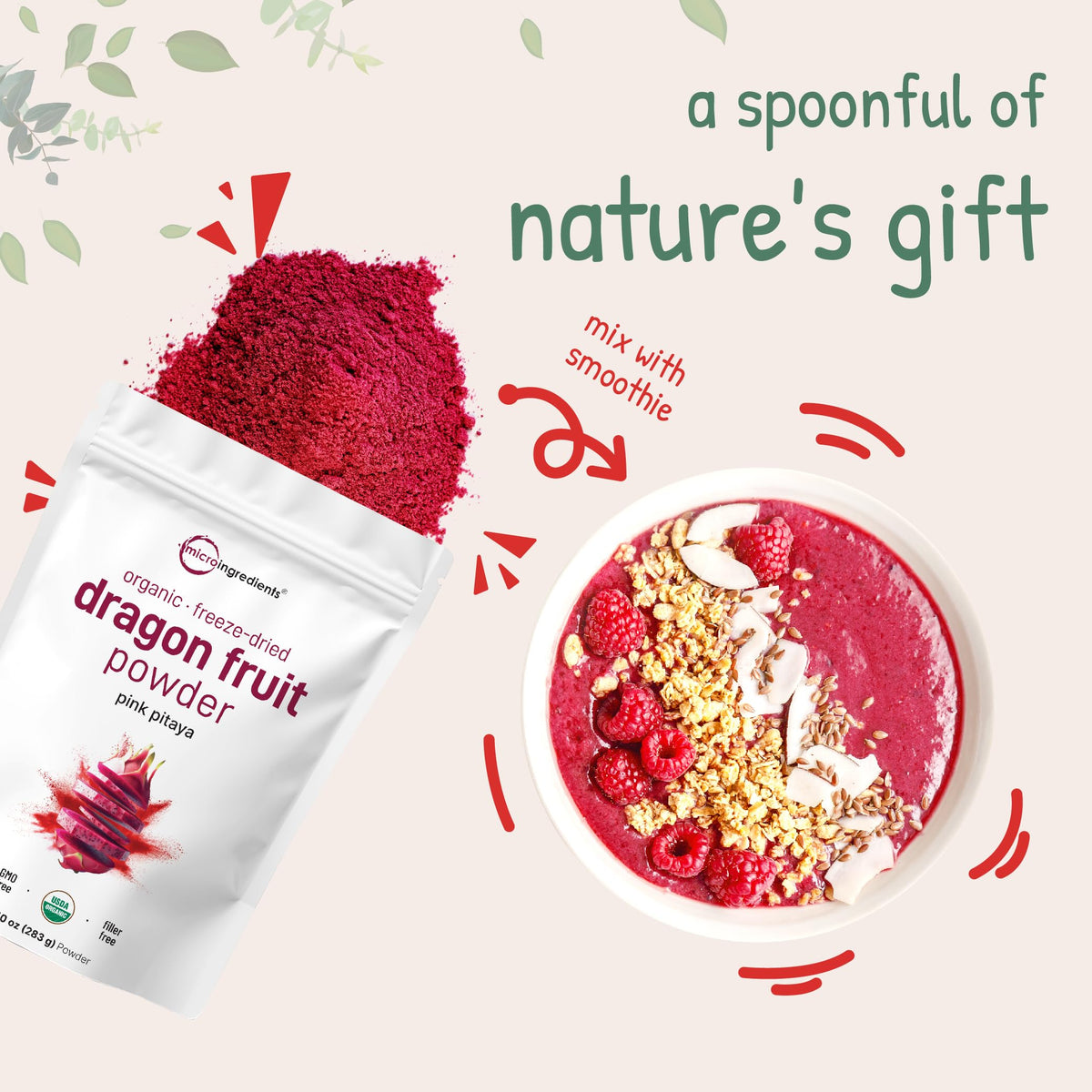 Micro Ingredients Dragon Fruit Powder pouch open with convenient serving