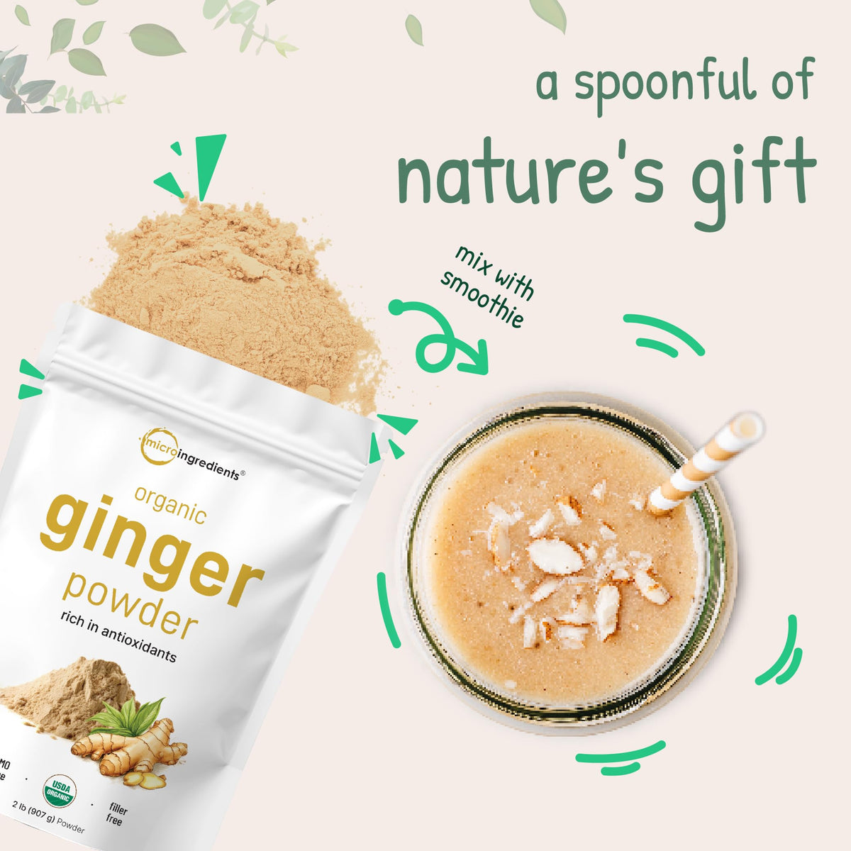 Ginger powder label showing non-GMO and gluten-free benefits.