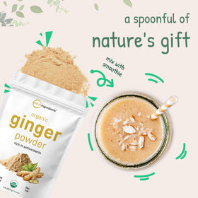 Ginger powder label showing non-GMO and gluten-free benefits.