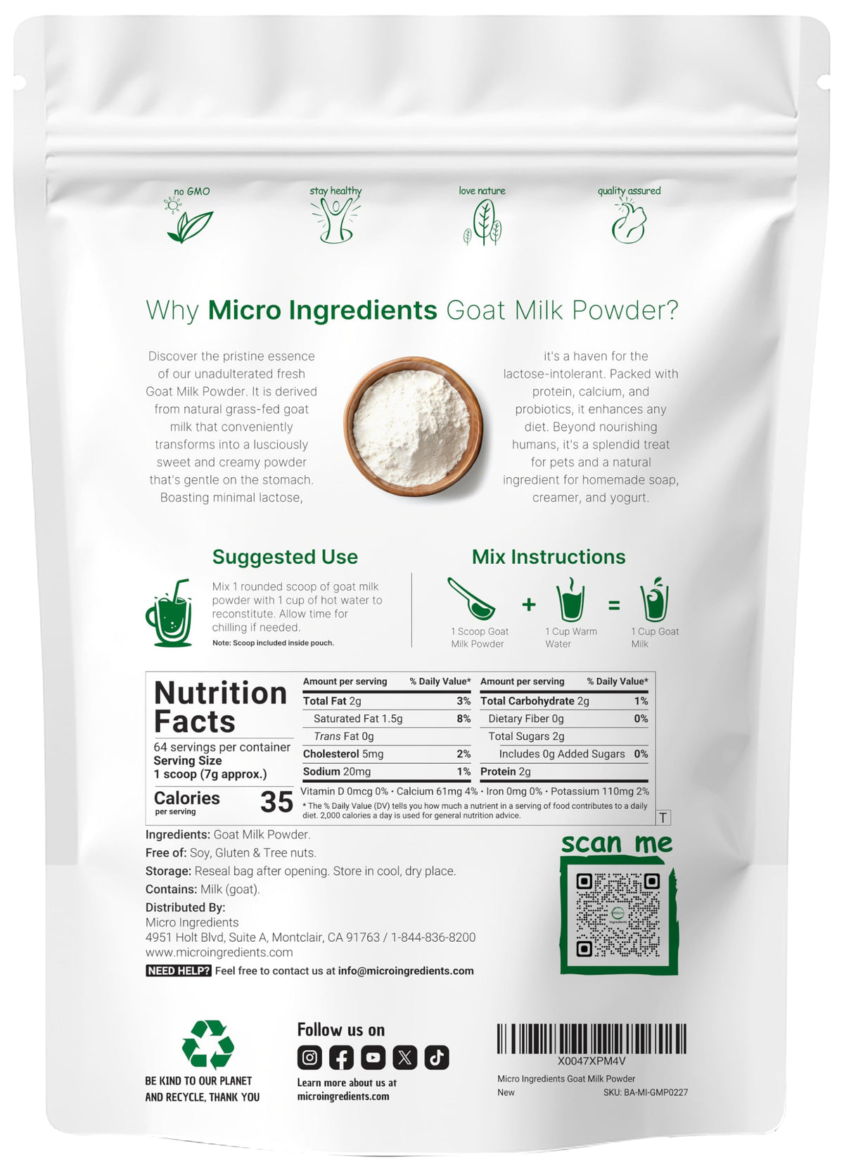 Micro Ingredients goat milk powder 1lb packaging—long shelf life for steady supply