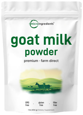 Micro Ingredients goat milk powder bottle closeup—easy to mix for smoothies