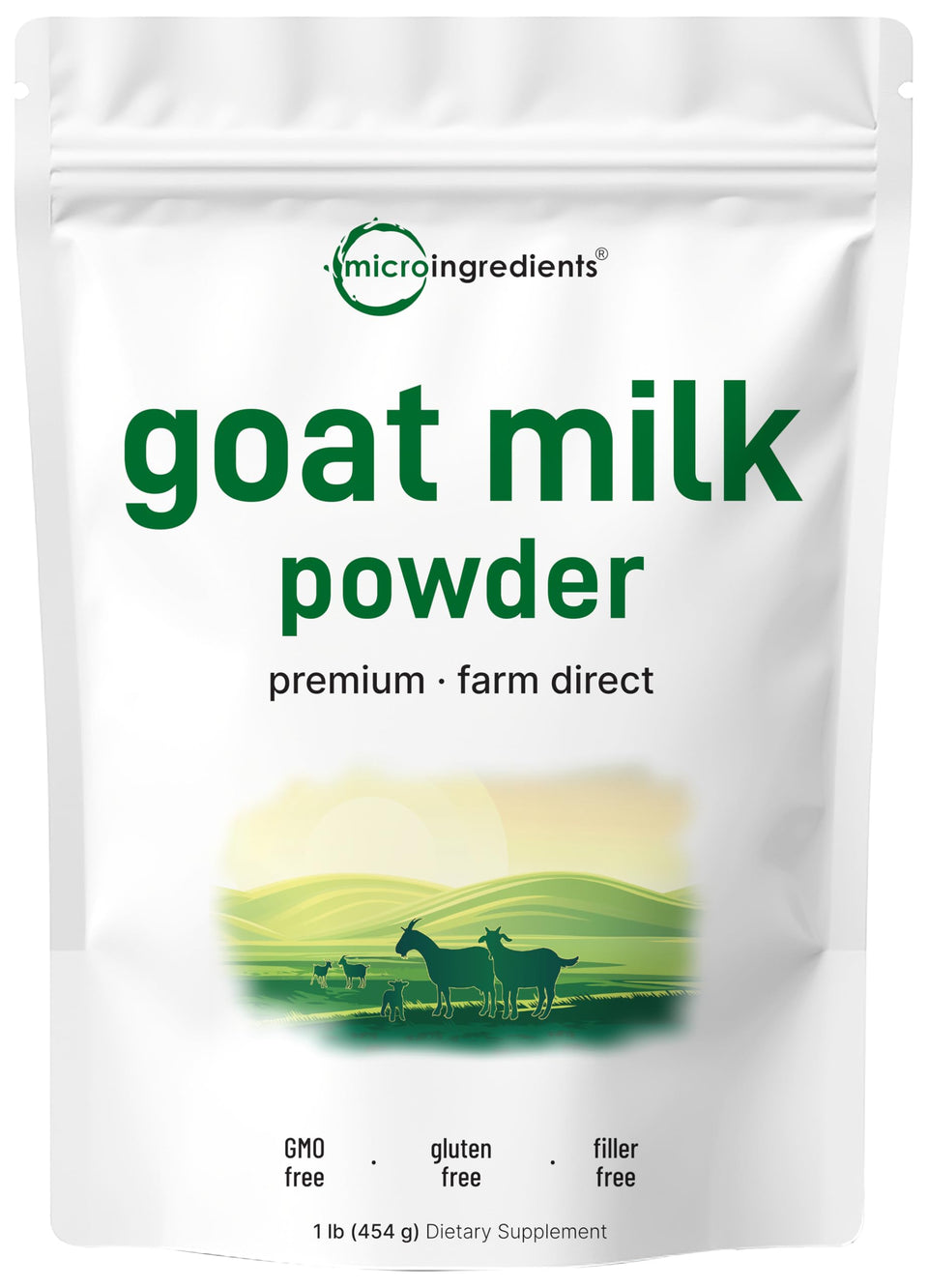 Micro Ingredients goat milk powder bottle closeup—easy to mix for smoothies