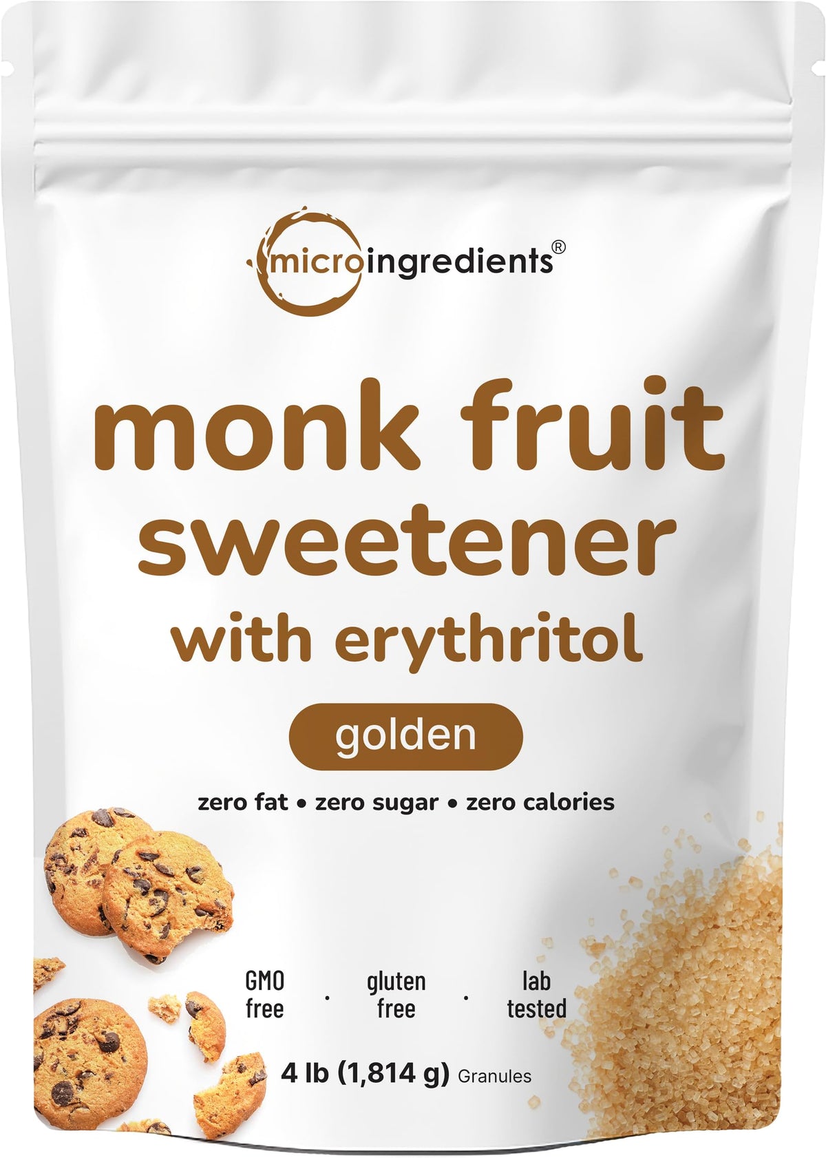 Micro Ingredients Golden Monk Fruit Sweetener 4lb pouch front, zero-calorie sweetness for daily use.