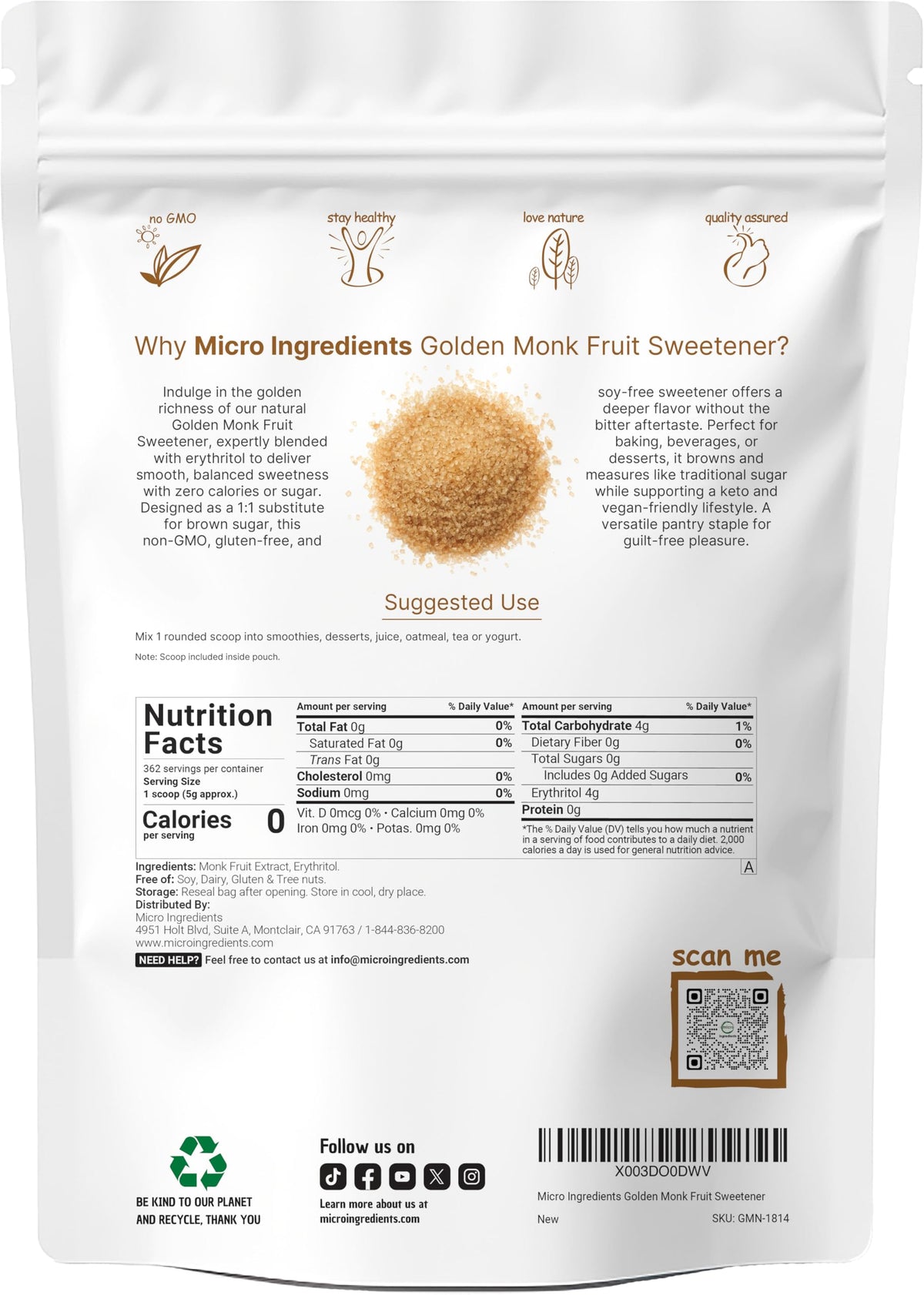 Micro Ingredients Golden Monk Fruit Sweetener bulk packaging shows value for keto and vegan kitchens.