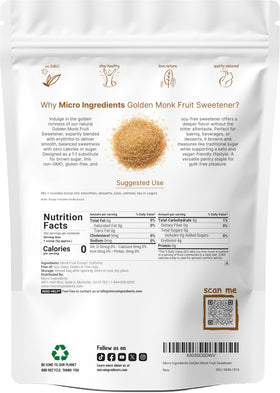 Micro Ingredients Golden Monk Fruit Sweetener bulk packaging shows value for keto and vegan kitchens.