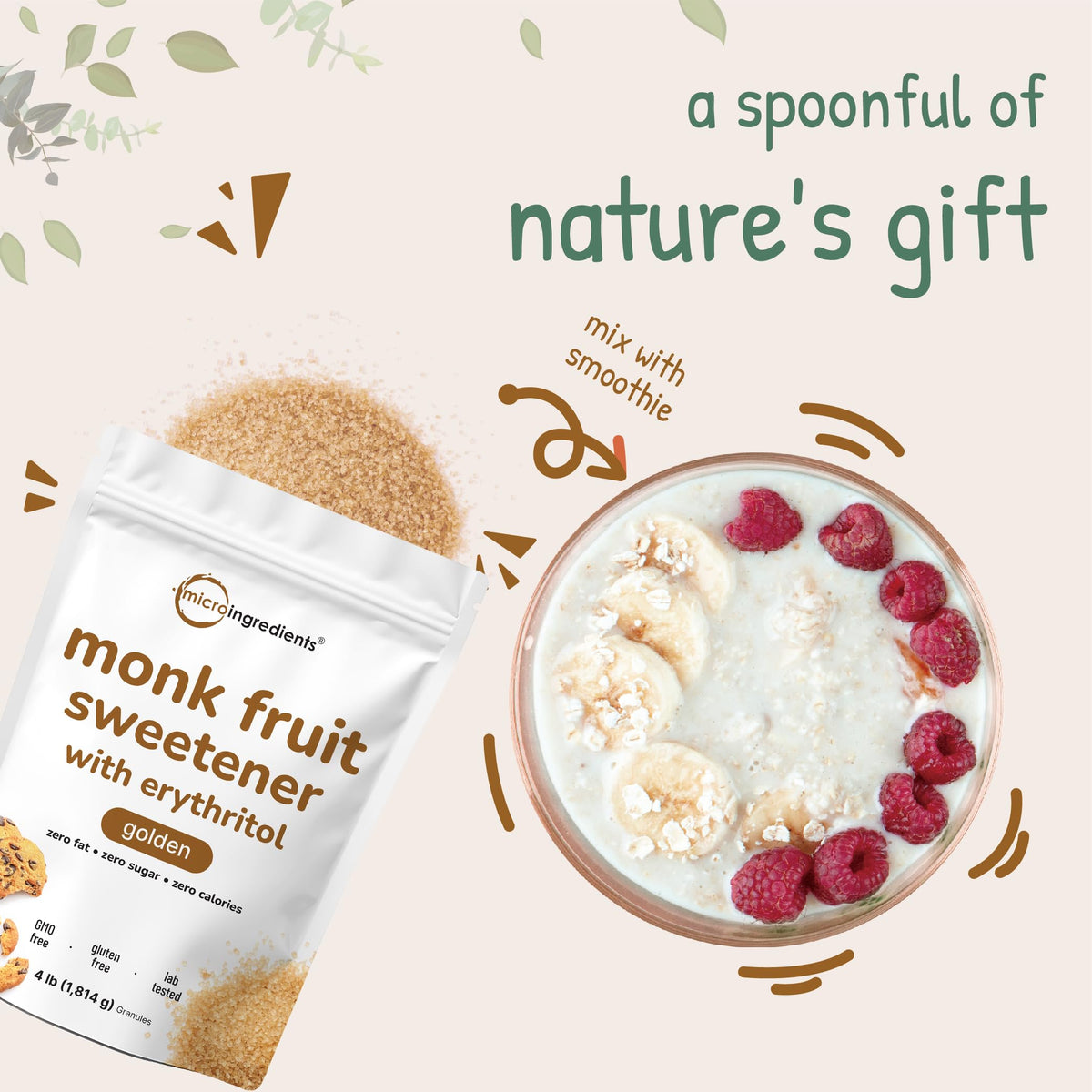 Micro Ingredients Golden Monk Fruit Sweetener 4lb bag on kitchen shelf.