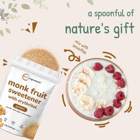 Micro Ingredients Golden Monk Fruit Sweetener 4lb bag on kitchen shelf.