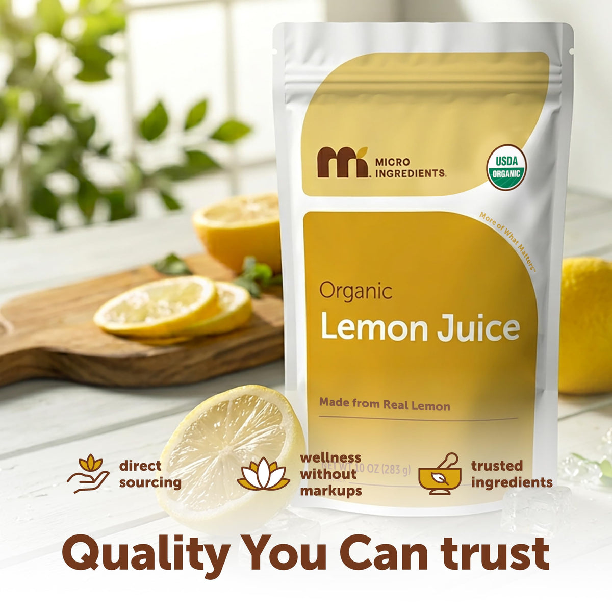 Micro Ingredients lemon powder ingredients panel shows no artificial additives.