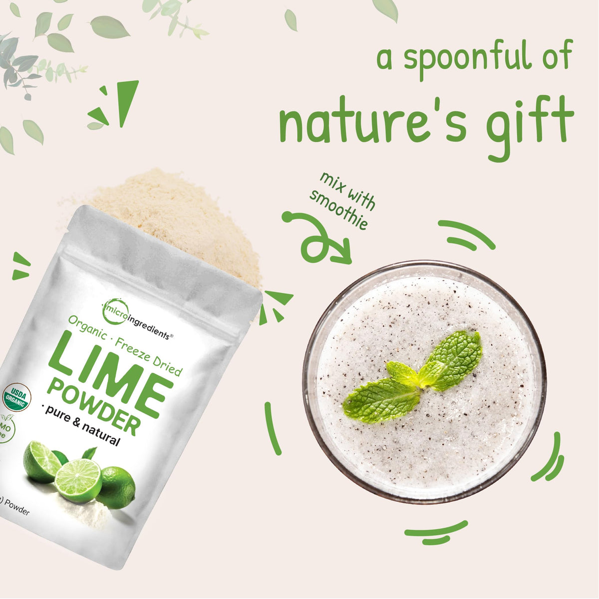 Micro Ingredients lime powder in smoothie for tangy citrus boost.