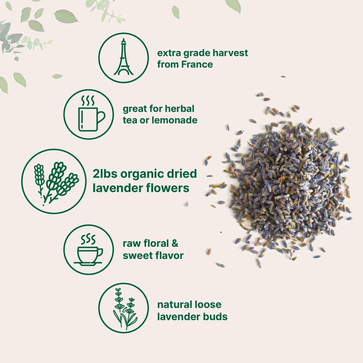 Loose lavender flowers ideal for tea blends and lemonade infusions.