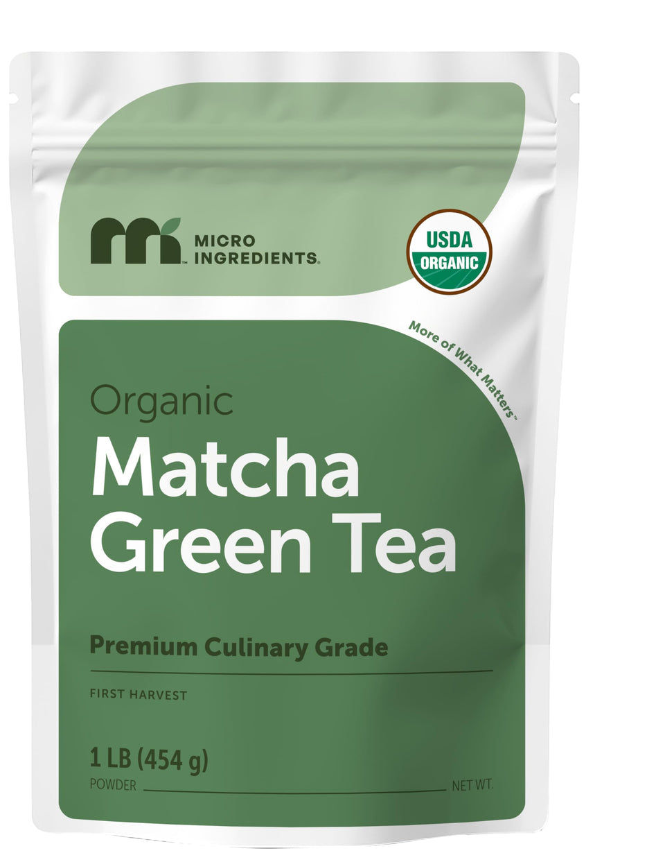 Micro Ingredients matcha first-harvest tin with vibrant powder, ideal for whisked tea experiences.