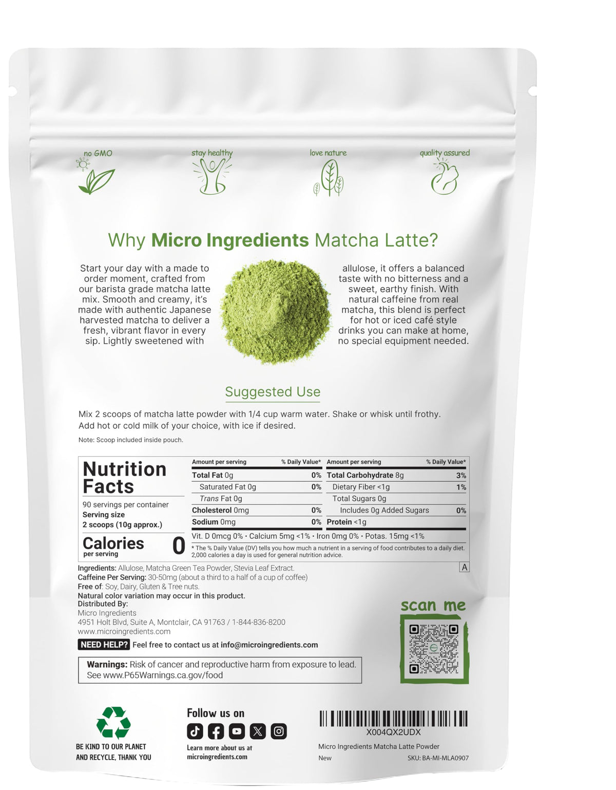 Micro Ingredients Matcha Latte Powder prepared cup creates café-style froth at home.