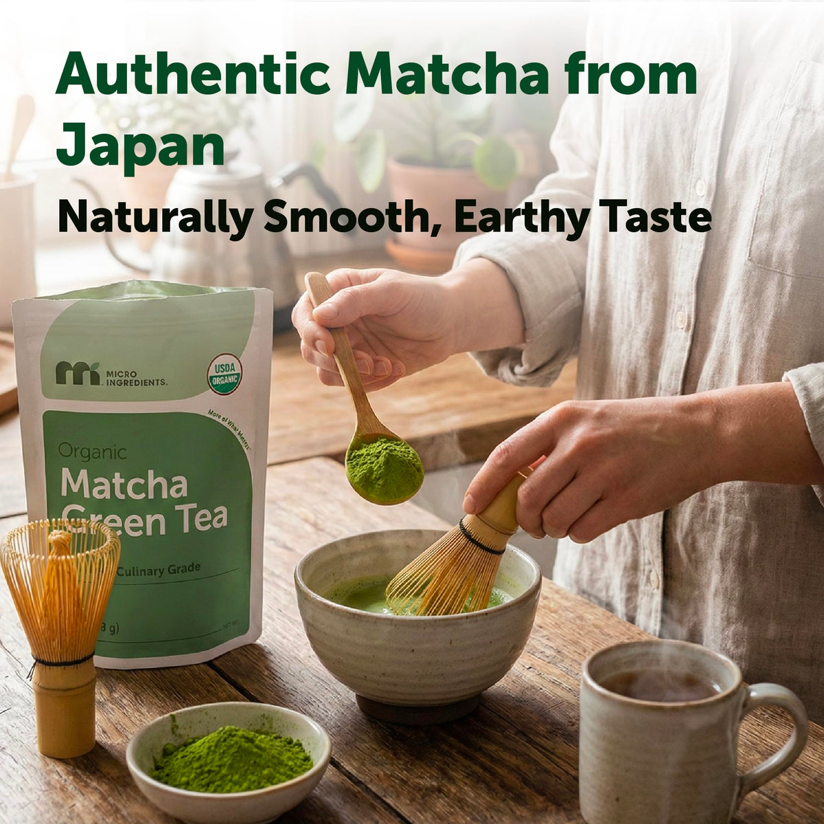 Micro Ingredients matcha powder closeup reveals fine texture and vivid color.