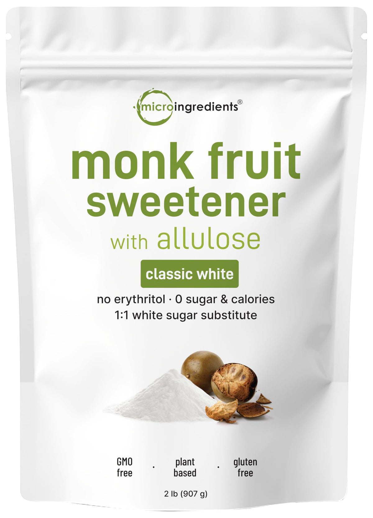 Micro Ingredients monk fruit sweetener 2 lb pouch for 1:1 sugar substitute.