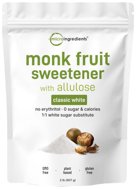 Micro Ingredients monk fruit sweetener 2 lb pouch for 1:1 sugar substitute.