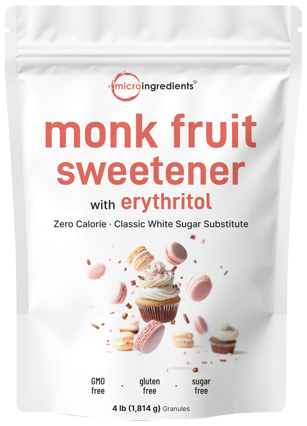 Micro Ingredients monk fruit sweetener 4lb bag for sugar replacement.