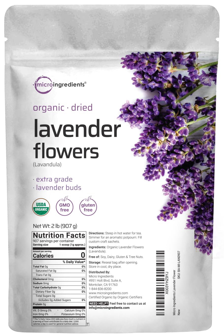 Non-GMO organic lavender flowers from Micro Ingredients, bulk packaging.