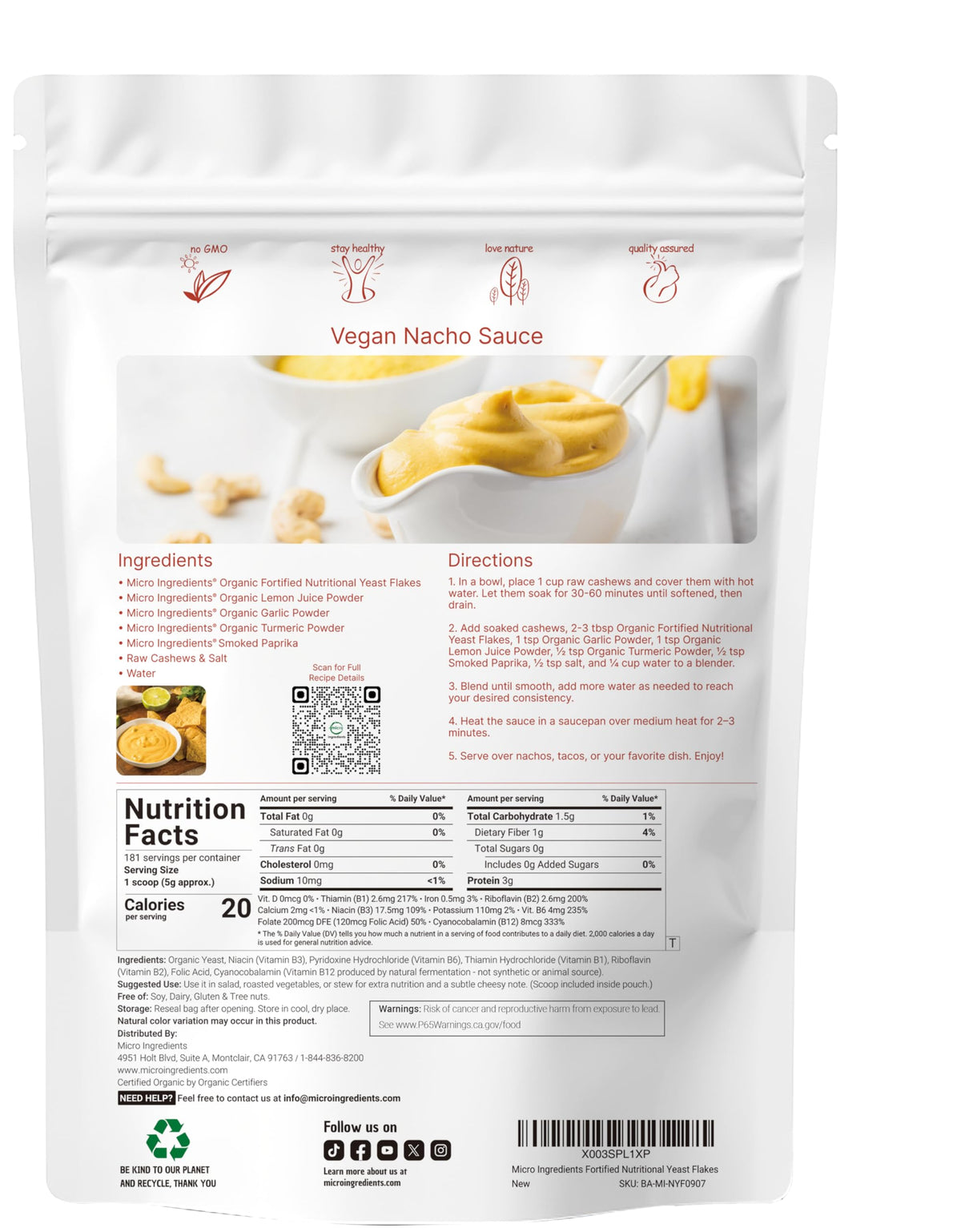 Micro Ingredients Nutritional Yeast Flakes bulk with 181 servings for savory toppings.