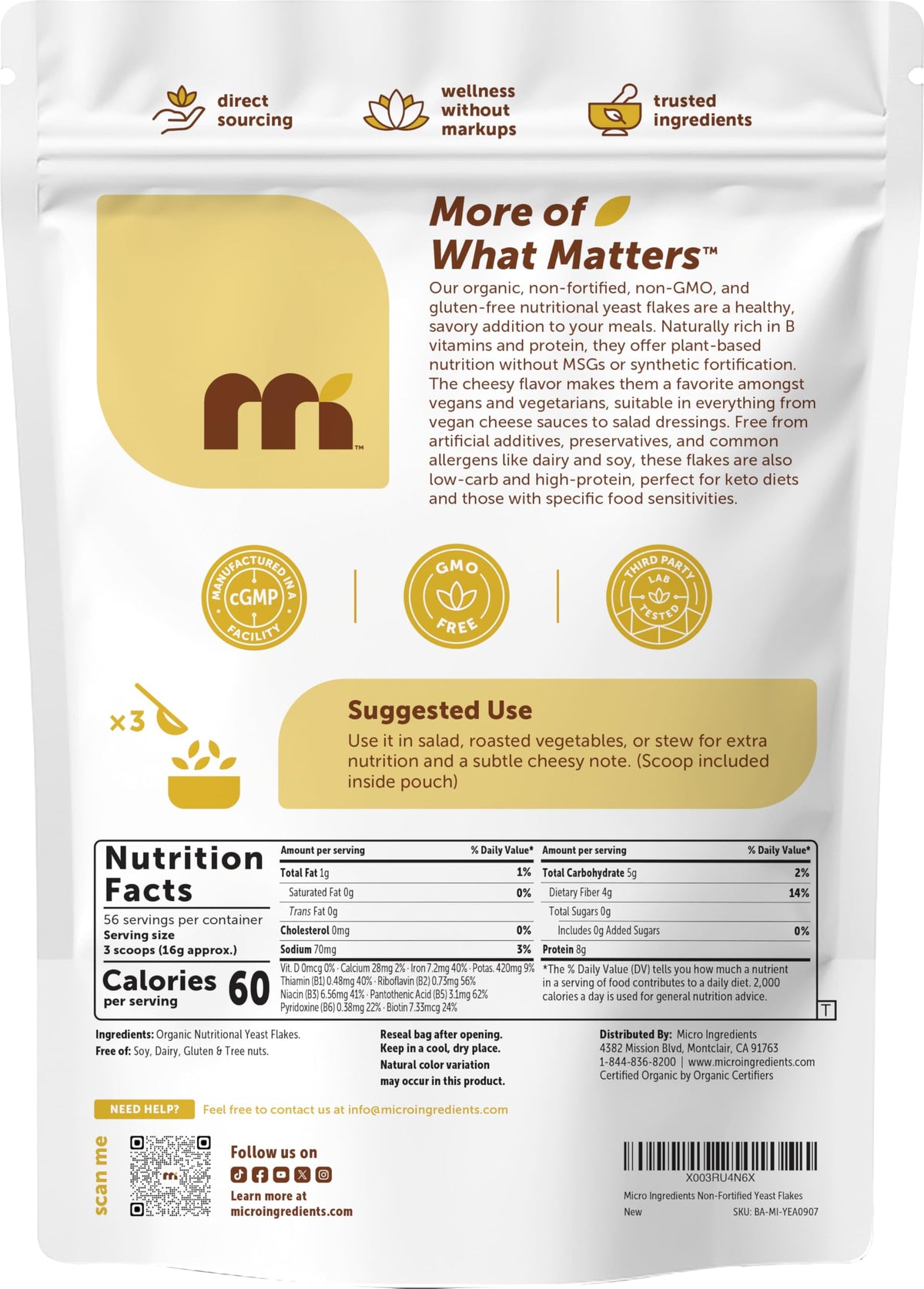 Micro Ingredients label highlights non-fortified, gluten-free, non-GMO credentials.