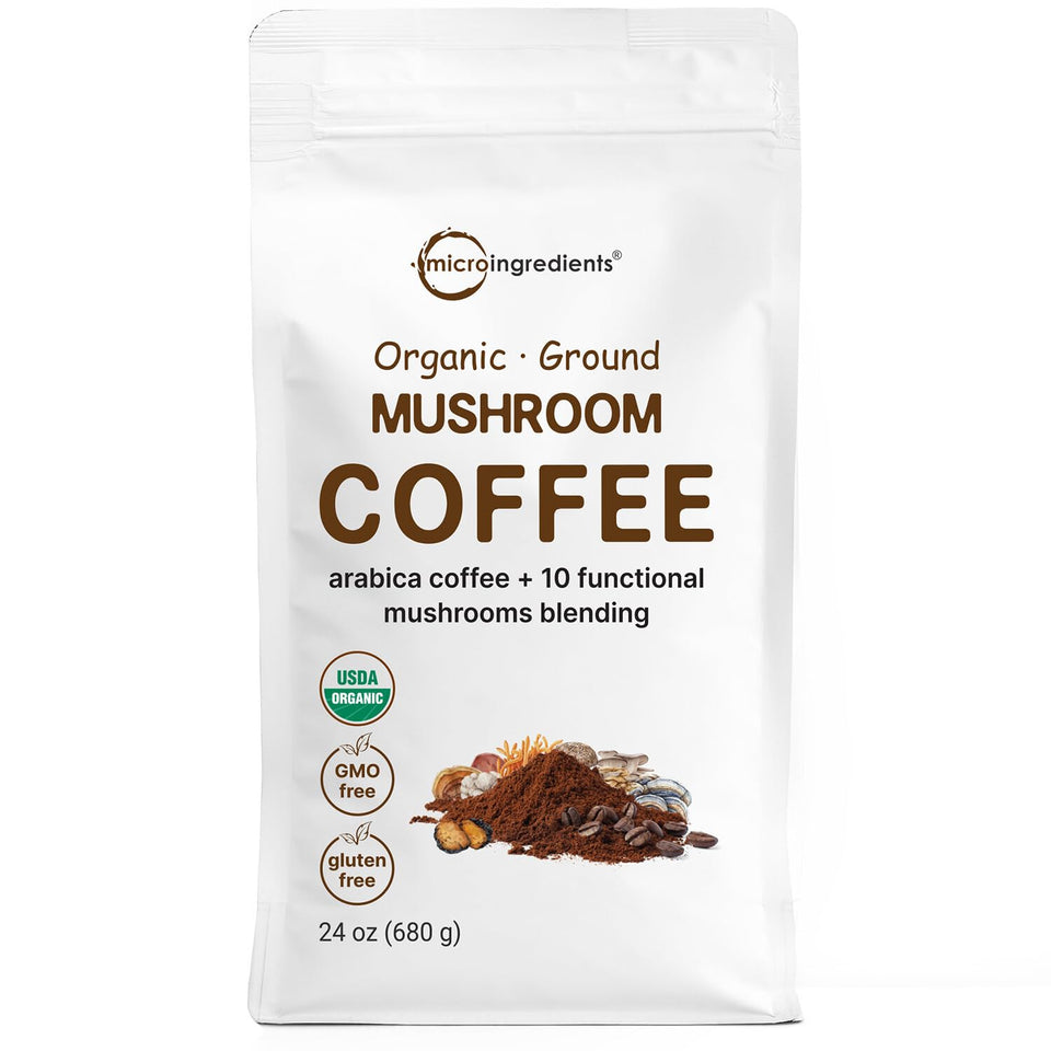 Micro Ingredients Organic 10 in 1 Ground Mushroom Coffee bag showing premium blend and packaging