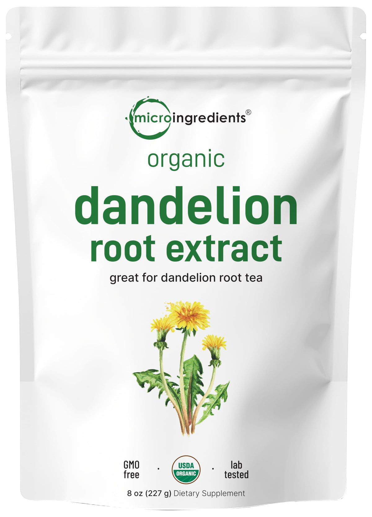 Micro Ingredients Organic Dandelion Root Tea Powder in packaging, ideal for caffeine-free ritual.