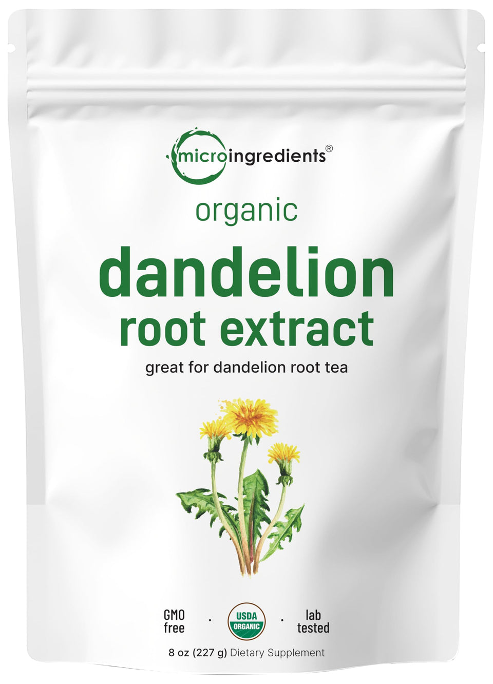 Micro Ingredients Organic Dandelion Root Tea Powder in packaging, ideal for caffeine-free ritual.