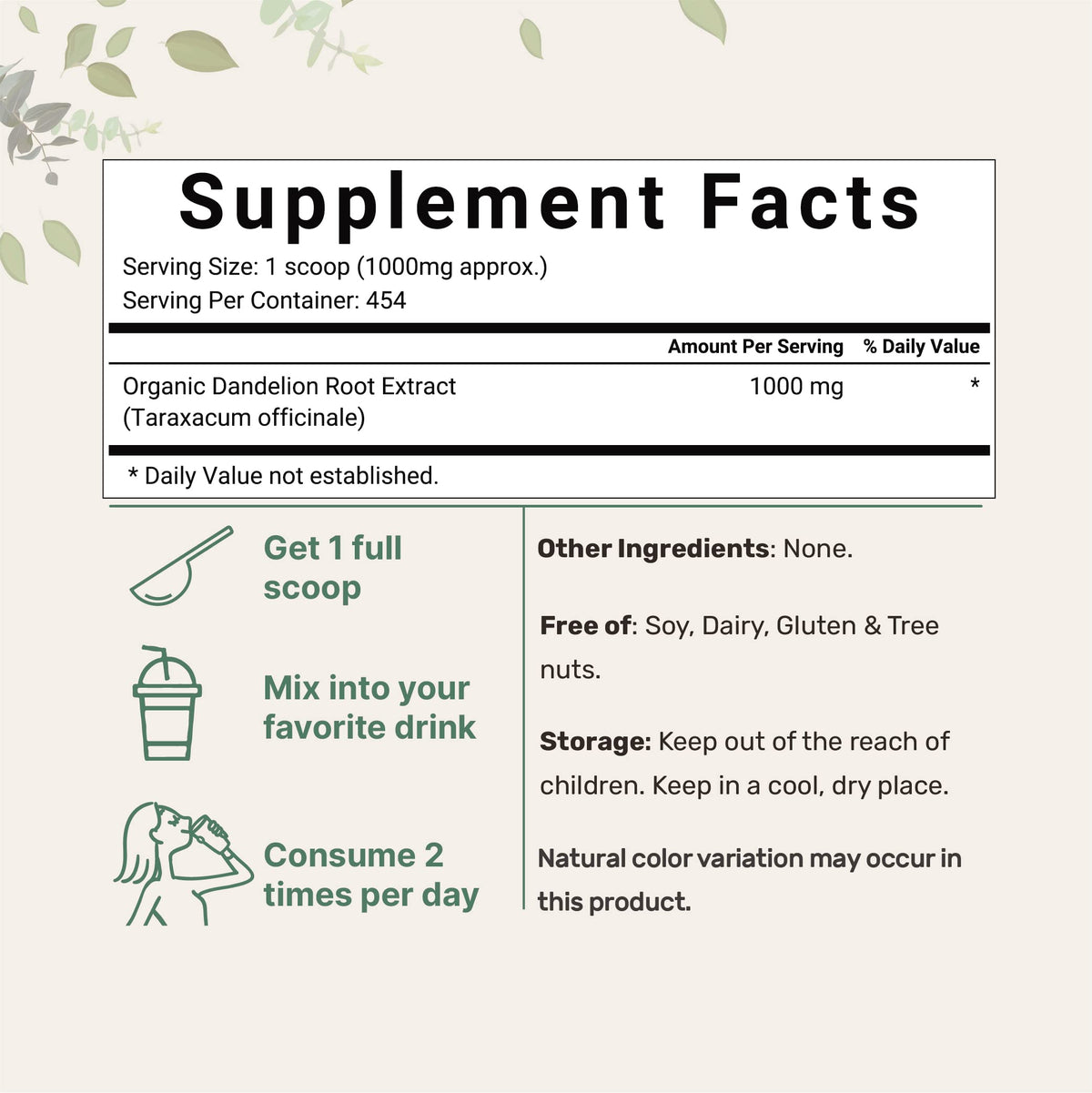 Scoop included with Micro Ingredients Dandelion Root Tea Powder for precise measurement.