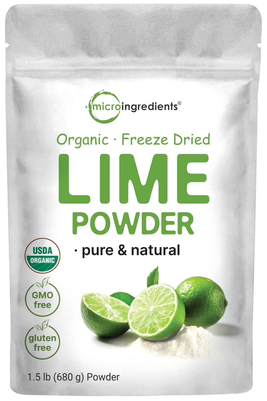 Micro Ingredients organic lime powder packaging shows 1.5 lb size for long-lasting flavor.